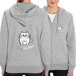 Sweat femme zippé à capuche coton bio gris chiné Chat Mallow (Trabe,Animaux,Chats)