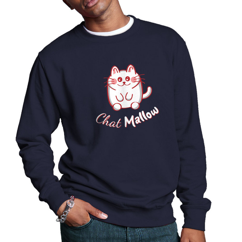 Sweat homme col rond bleu marine Chat Mallow (Trabe,Animaux,Chats)