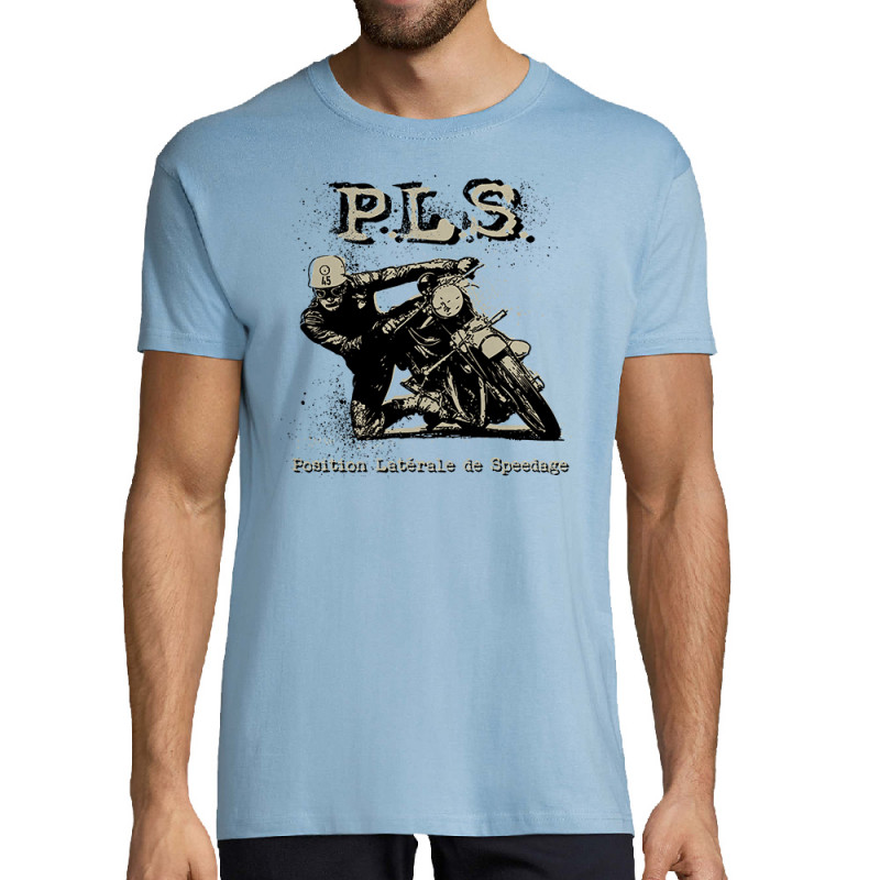 Tee-shirt homme bleu ciel PLS Position latérale de speedage (Gondrax,Moto,Humour)