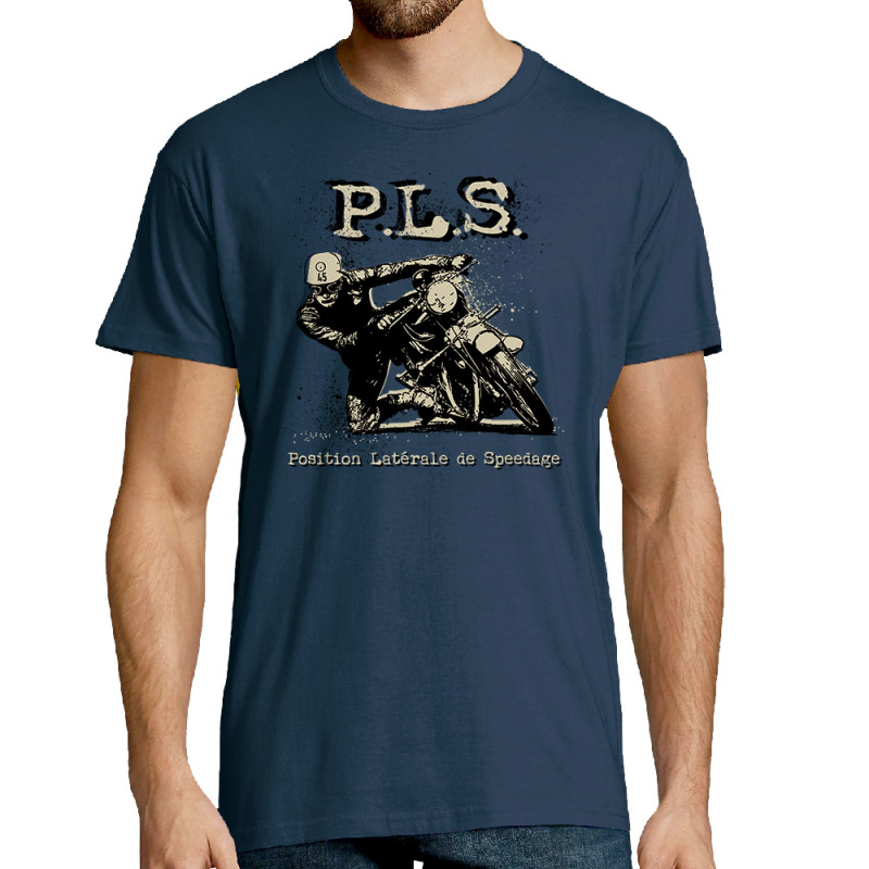 Tee-shirt homme bleu denim PLS Position latérale de speedage (Gondrax,Moto,Humour)