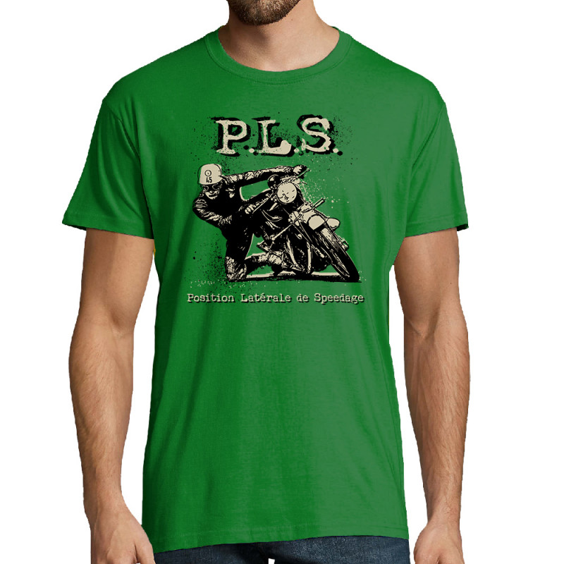 Tee-shirt homme vert prairie PLS Position latérale de speedage (Gondrax,Moto,Humour)