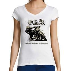 T-shirt femme col V blanc PLS Position latérale de speedage (Gondrax,Moto,Humour)