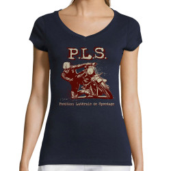 T-shirt femme col V bleu marine PLS Position latérale de speedage (Gondrax,Moto,Humour)