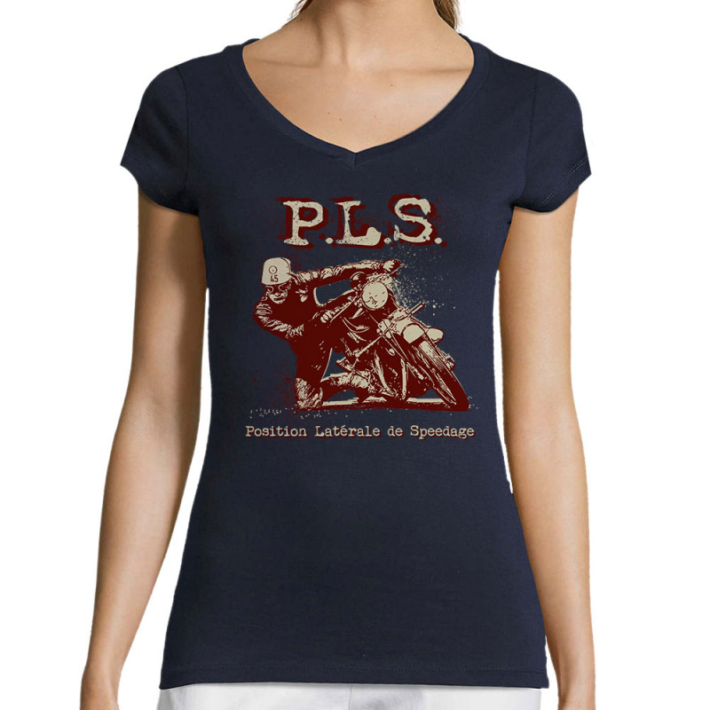T-shirt femme col V bleu marine PLS Position latérale de speedage (Gondrax,Moto,Humour)