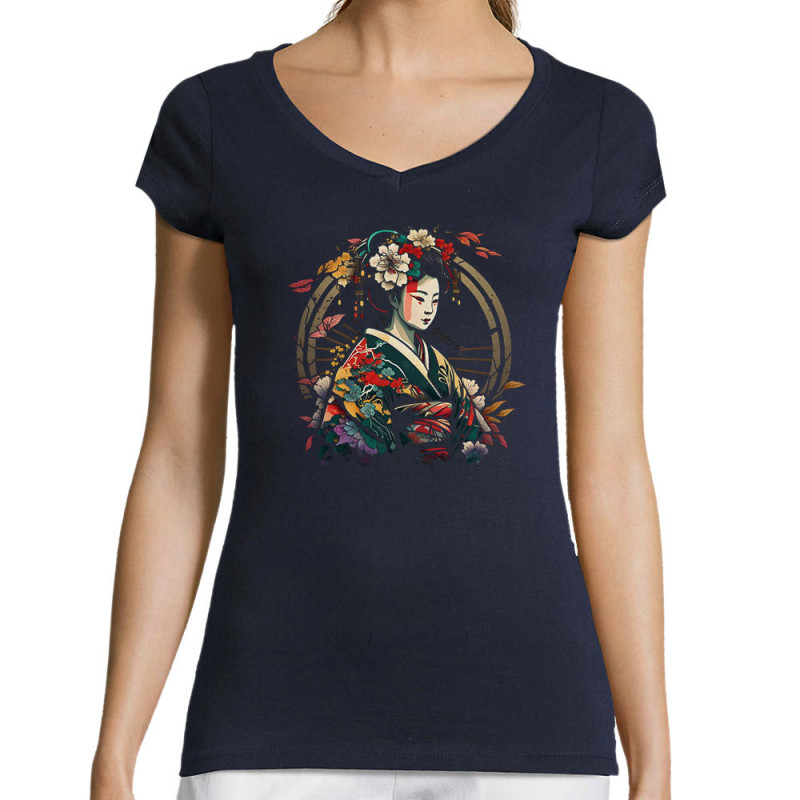 T-shirt femme col V bleu marine Flowers Geisha (Divers,Musée)