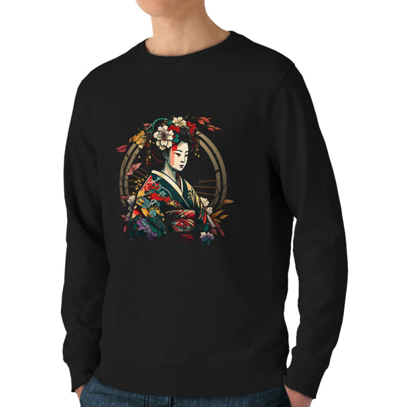 Sweat homme bio col rond noir Flowers Geisha (Divers,Musée)