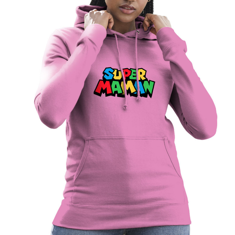 Sweat femme à capuche rose Super Maman Mario style (Trabe,Détournements,Papa Maman Papy Mamie,Fête des mères)