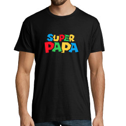 Tee-shirt homme noir Super Papa Mario Style (Trabe,Détournements,Papa Maman Papy Mamie,Fête des pères)