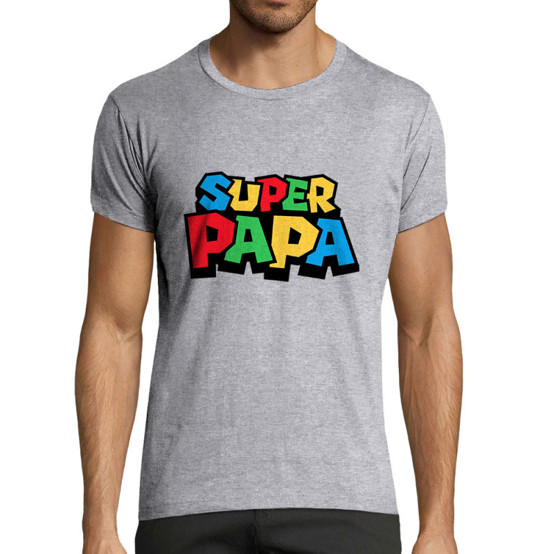 T-shirt homme fit gris chiné Super Papa Mario Style (Trabe,Détournements,Papa Maman Papy Mamie,Fête des pères)