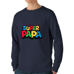 Sweat homme bio col rond bleu marine Super Papa Mario Style (Trabe,Détournements,Papa Maman Papy Mamie,Fête des pères)