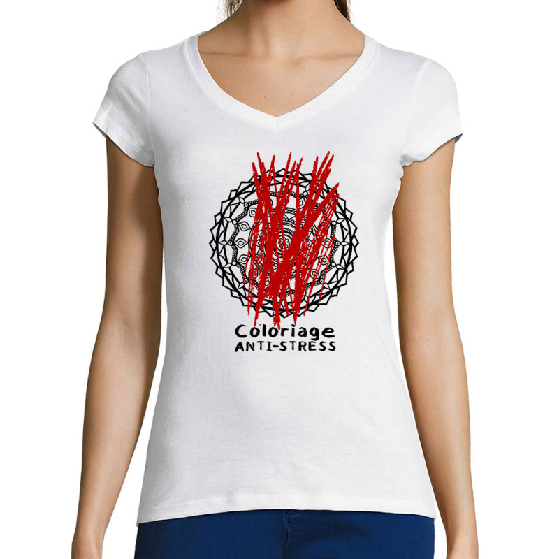 T-shirt femme col V blanc Coloriage anti-stress (Zewa,Humour)