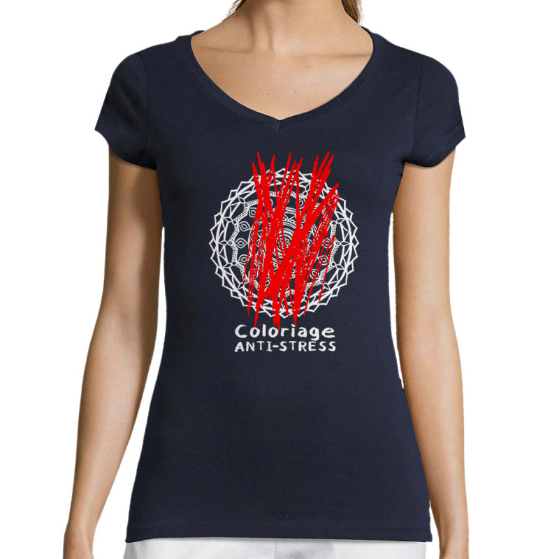 T-shirt femme col V bleu marine Coloriage anti-stress (Zewa,Humour)