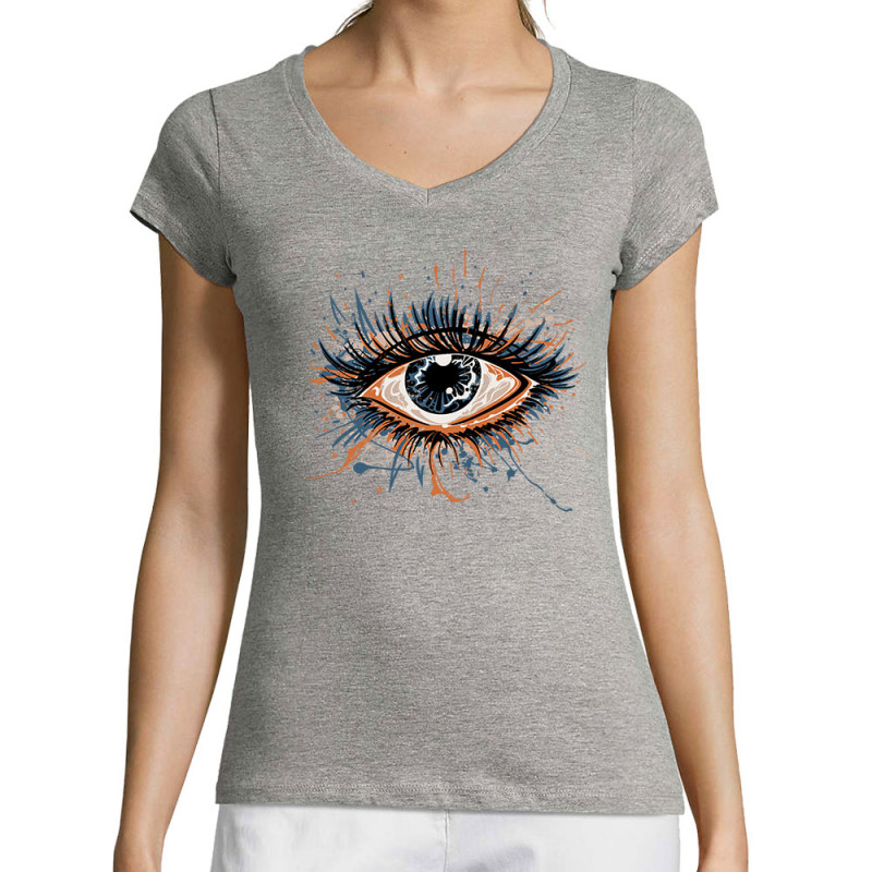 T-shirt femme col V gris chiné Œil Splash (Zewa,Divers)