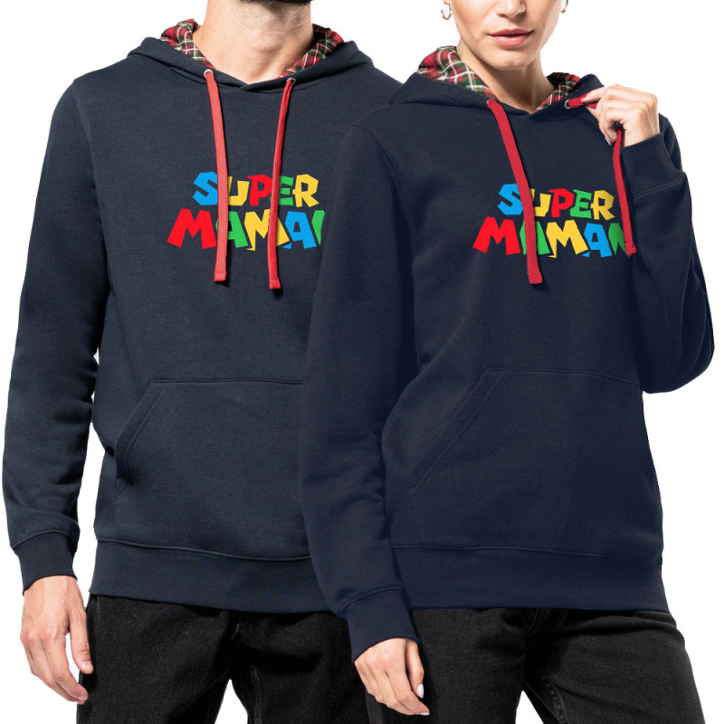 Sweat capuche à motifs unisexe bleu marine et rouge tartan Super Maman Mario style (Trabe,Détournements,Papa Maman Papy Mamie,Fê