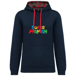 Sweat capuche à motifs unisexe bleu marine et rouge tartan Super Maman Mario style (Trabe,Détournements,Papa Maman Papy Mamie,Fê