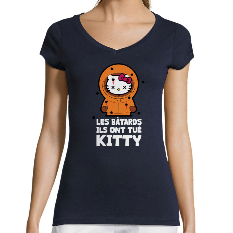 T-shirt femme col V bleu marine Ils ont tué Kitty (Baxt,Détournements,Humour)