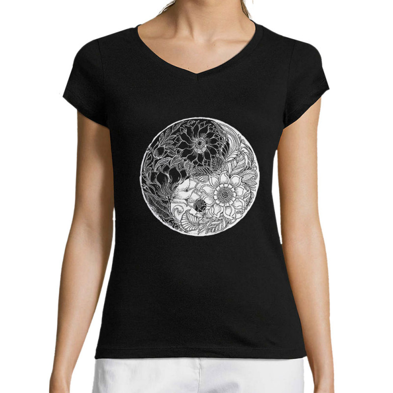 T-shirt femme col V noir Ying Yang Flower (Gondrax,Divers,Ethnique)