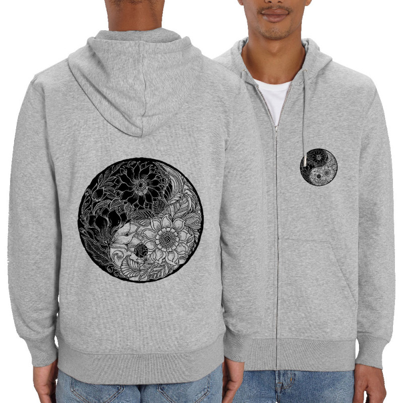 Sweat homme zippé à capuche coton bio gris chiné Ying Yang Flower (Gondrax,Divers,Ethnique)