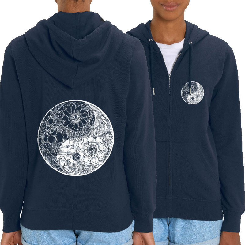 Sweat femme zippé à capuche coton bio bleu marine Ying Yang Flower (Gondrax,Divers,Ethnique)