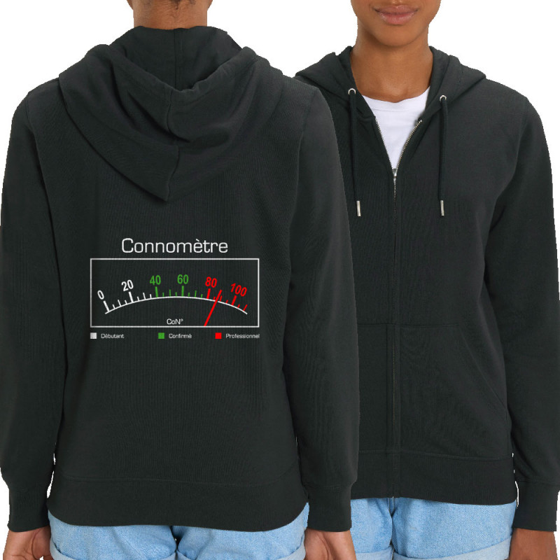 Sweat femme zippé à capuche coton bio noir Connomètre (Gondrax,Humour)