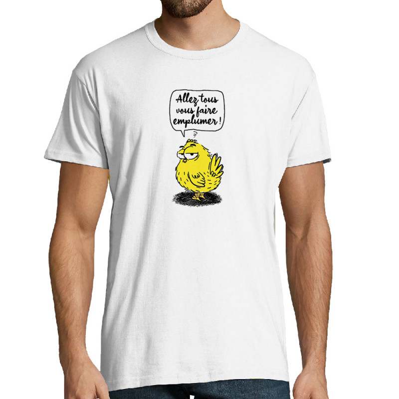Tee-shirt homme blanc Allez tous vous faire emplumer (Gondrax,Humour,Animaux,Slogans Débiles)