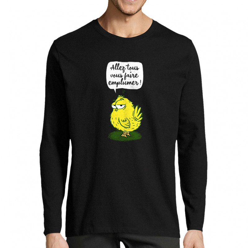 T-shirt homme manches longues noir Allez tous vous faire emplumer (Gondrax,Humour,Animaux,Slogans Débiles)