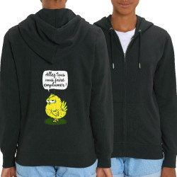 Sweat femme zippé à capuche coton bio noir Allez tous vous faire emplumer (Gondrax,Humour,Animaux,Slogans Débiles)