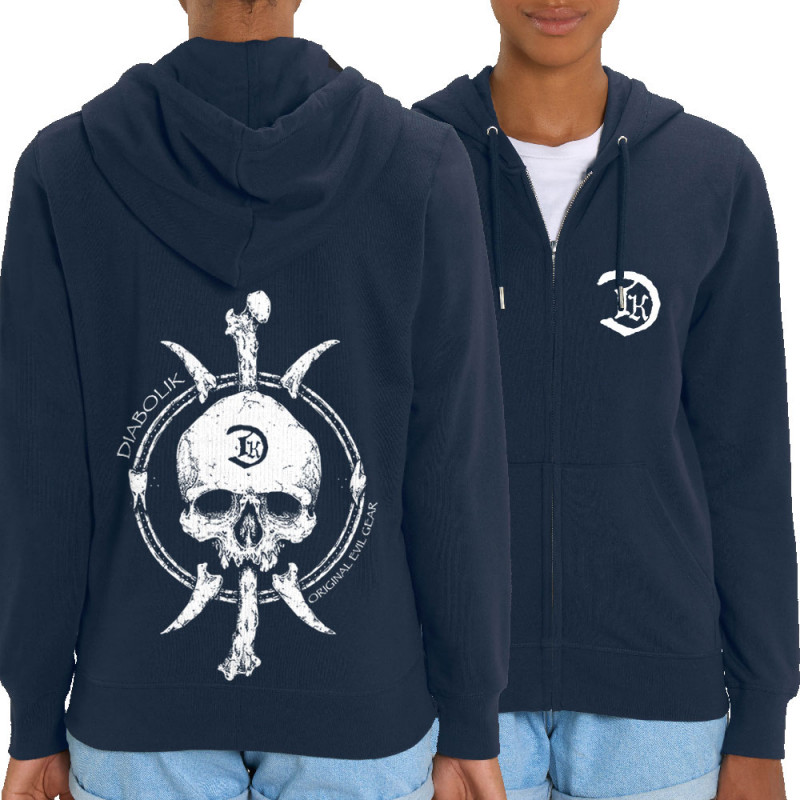 Sweat femme zippé à capuche coton bio bleu marine Bones and Skull (Diabolik,Têtes de morts)