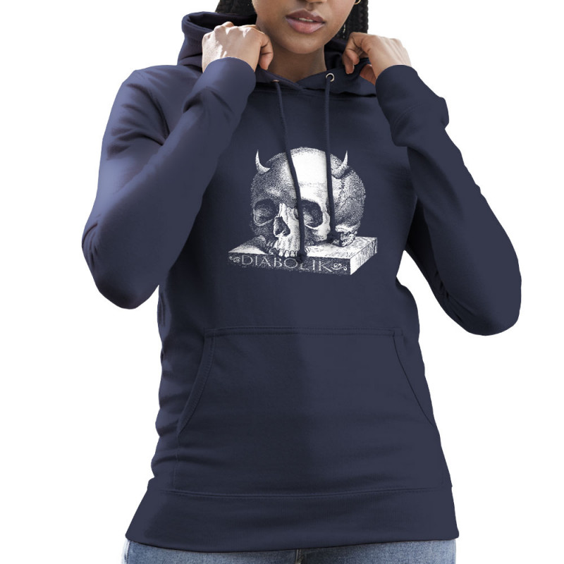 Sweat femme à capuche bleu marine Skull with Horns (Diabolik,Têtes de morts)