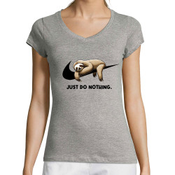 T-shirt femme col V gris chiné Just Do Nothing Paresseux (Gondrax,Animaux,Humour,Paresse)