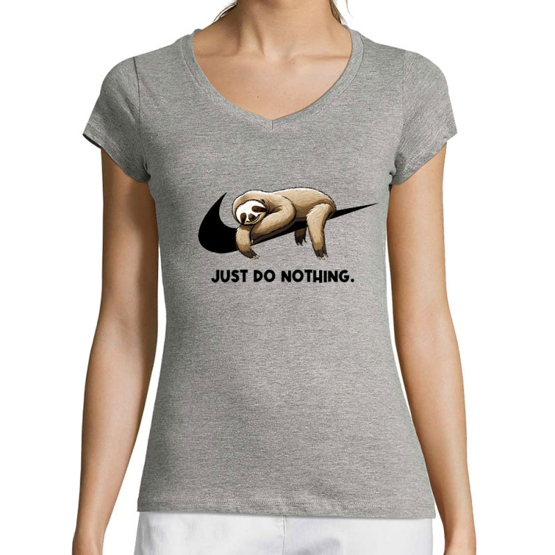 T-shirt femme col V gris chiné Just Do Nothing Paresseux (Gondrax,Animaux,Humour,Paresse)