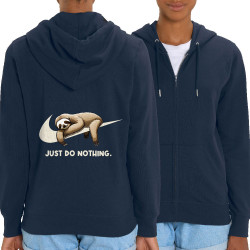 Sweat femme zippé à capuche coton bio bleu marine Just Do Nothing Paresseux (Gondrax,Animaux,Humour,Paresse)