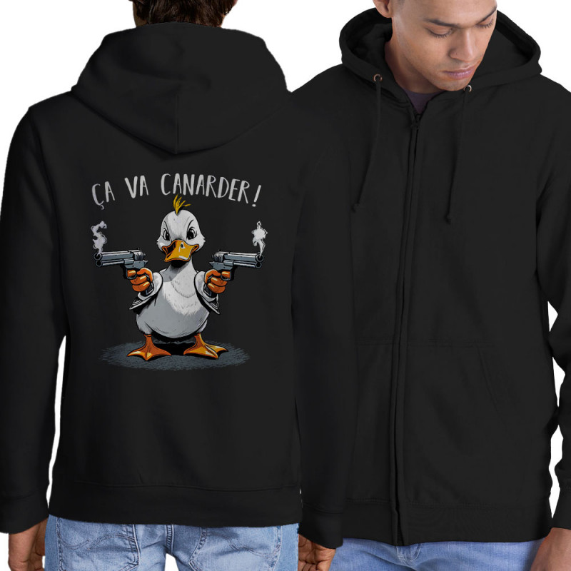 Sweat homme à capuche zippé noir Ca va canarder (Gondrax,Animaux,Humour)