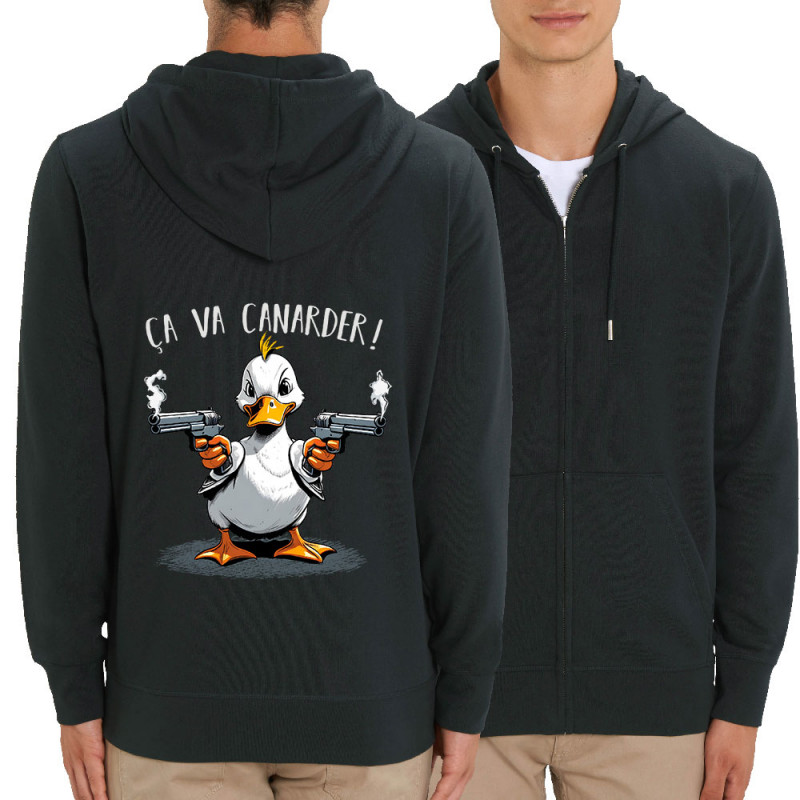 Sweat homme zippé à capuche coton bio noir Ca va canarder (Gondrax,Animaux,Humour)