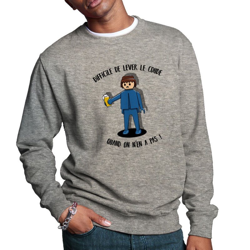 Sweat homme col rond gris chiné Difficile de lever le coude (Gondrax,Alcool,Humour)