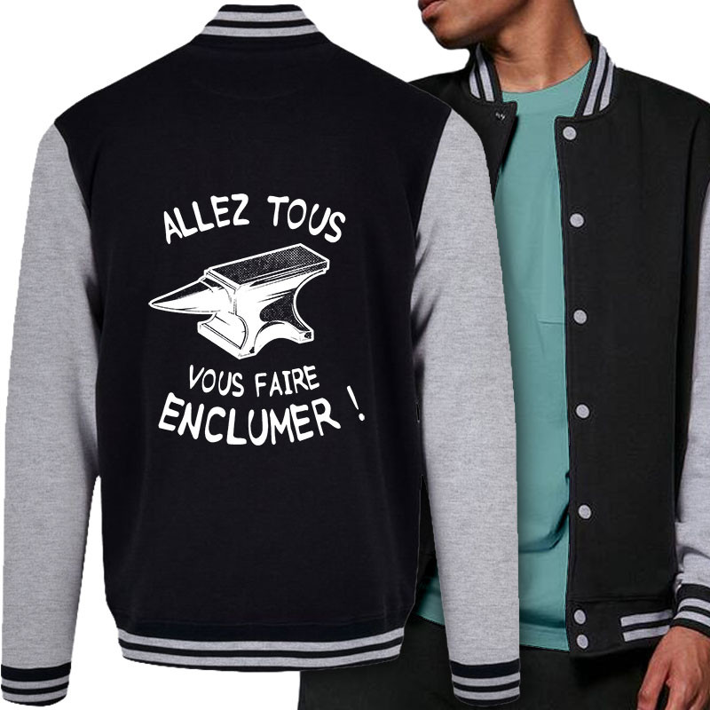 Teddy baseball en molleton noir et gris chiné Allez tous vous faire enclumer (Gondrax,Slogans Débiles)