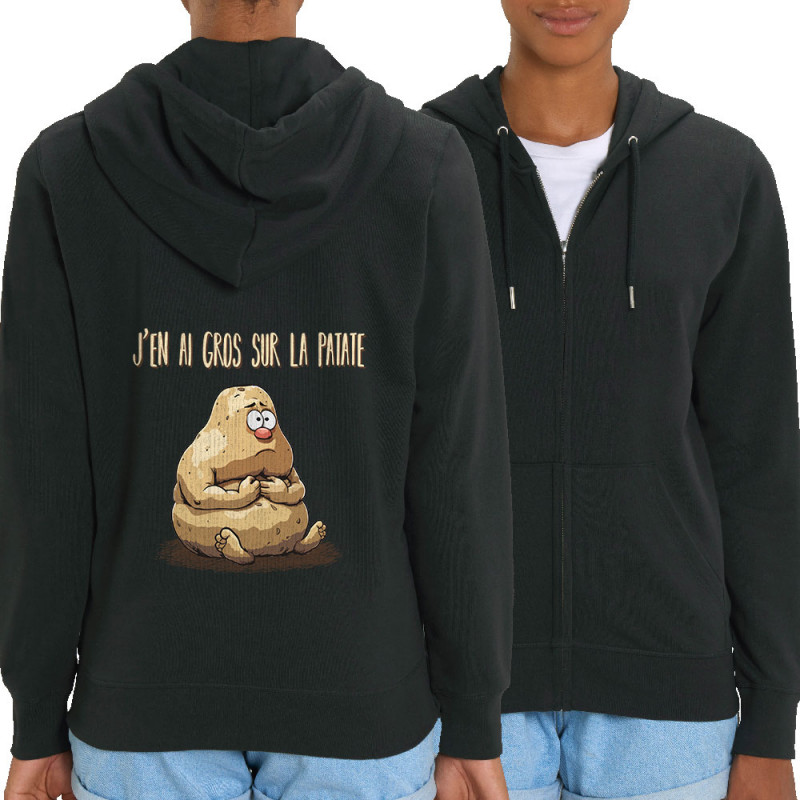 Sweat femme zippé à capuche coton bio noir Gros sur la patate (Gondrax,Humour,Fruits & Légumes)