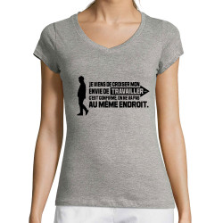 T-shirt femme col V gris chiné Mon envie de travailler (Gondrax,Humour,Slogans Débiles)