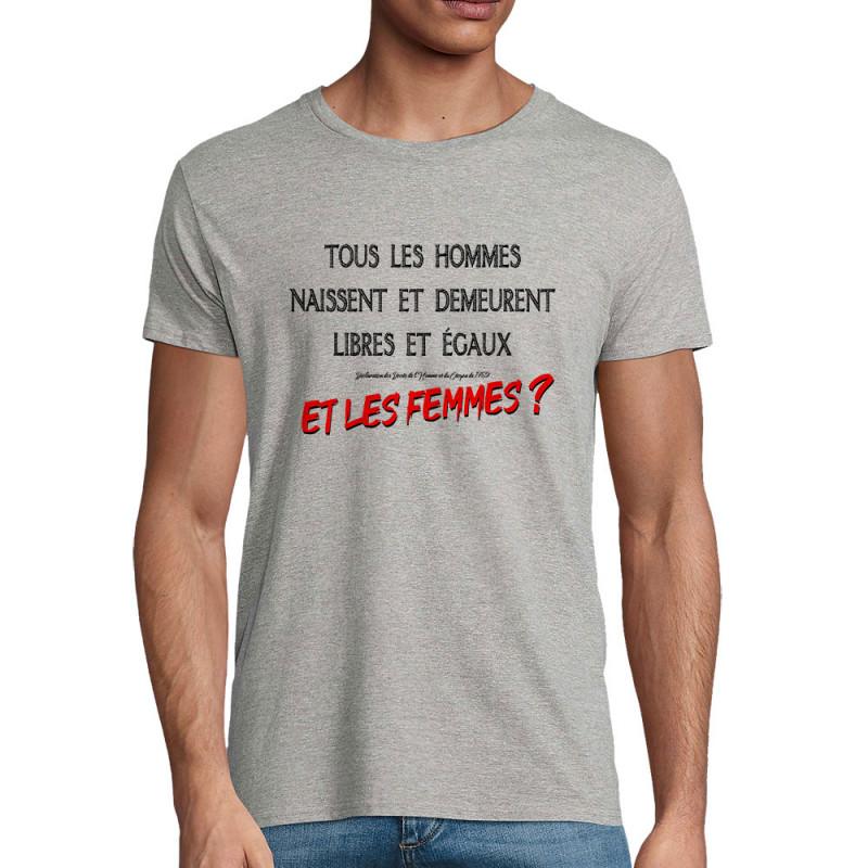T-shirt homme coton bio gris chiné Libres et égaux (Gondrax,Slogans engagés)