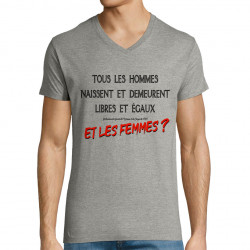 T-shirt homme col V gris chiné Libres et égaux (Gondrax,Slogans engagés)
