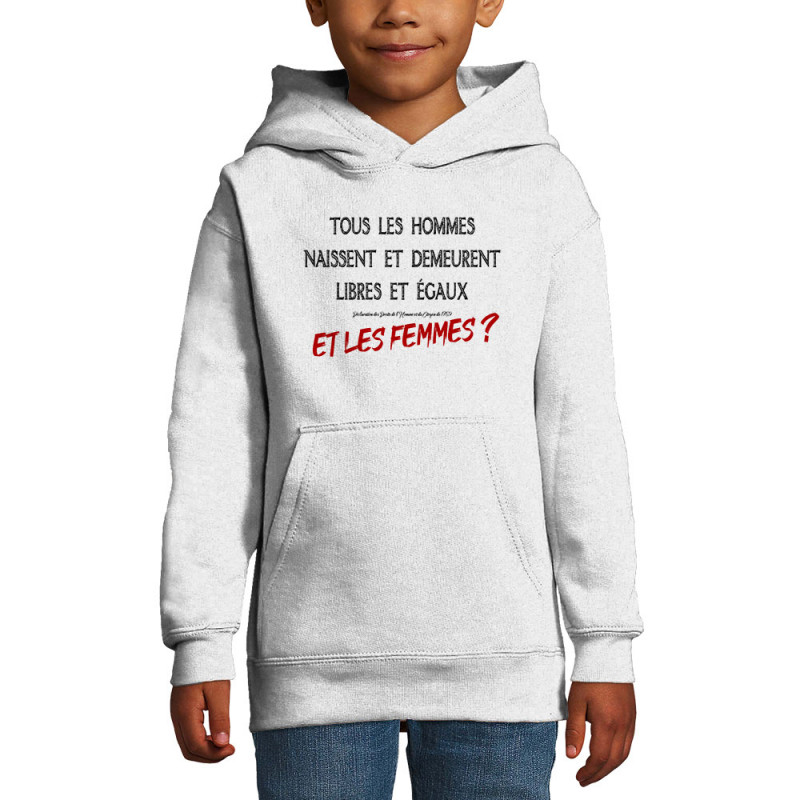 Sweat enfant à capuche blanc Libres et égaux (Gondrax,Slogans engagés)