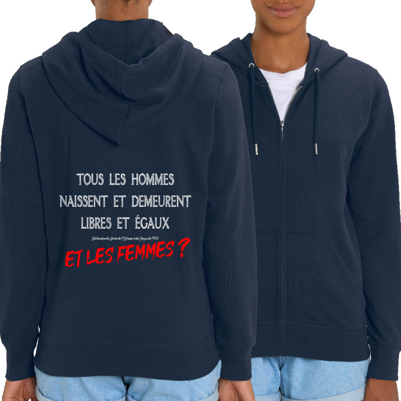 Sweat femme zippé à capuche coton bio bleu marine Libres et égaux (Gondrax,Slogans engagés)