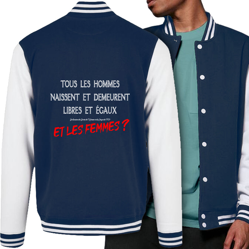 Teddy baseball en molleton bleu marine et blanc Libres et égaux (Gondrax,Slogans engagés)