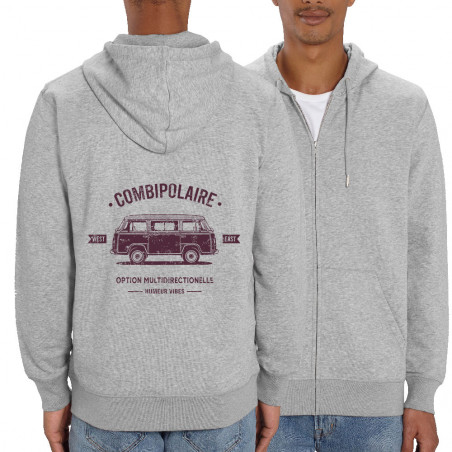 Sweat homme zippé à capuche coton bio gris chiné Combipolaire (Baxt,Humour)