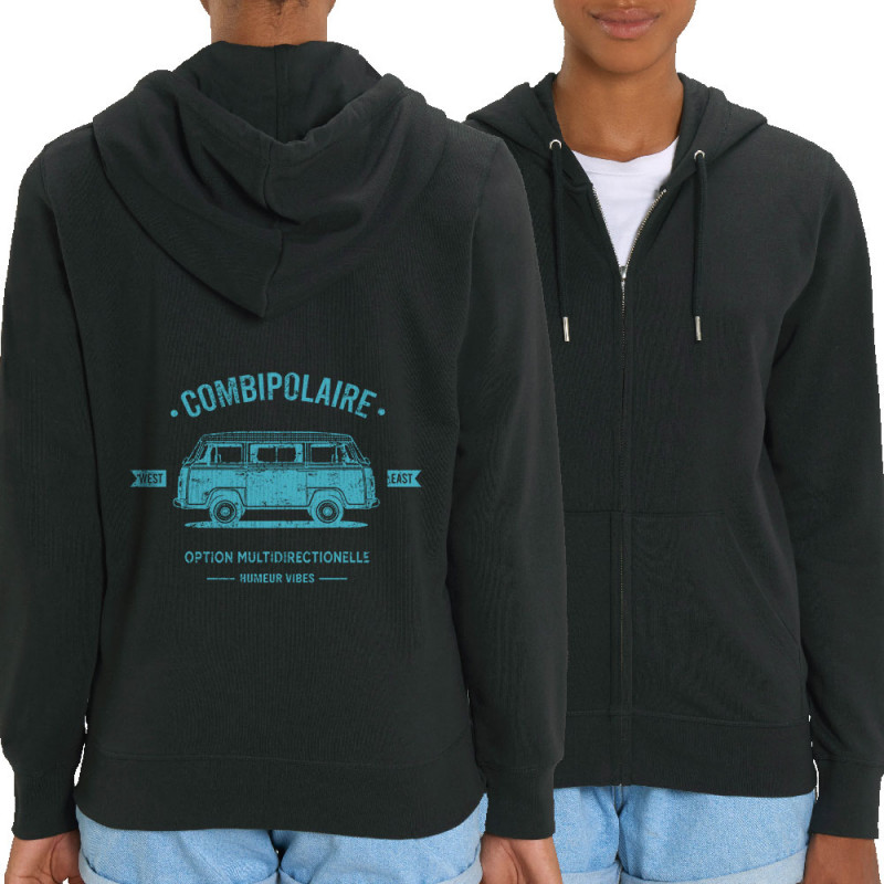 Sweat femme zippé à capuche coton bio noir Combipolaire (Baxt,Humour)