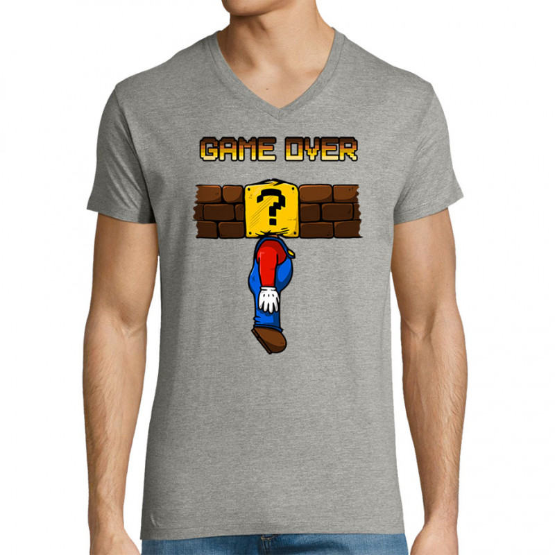T-shirt homme col V gris chiné Mario Game Over (Le Duc,Jeux Vidéo / Geek)