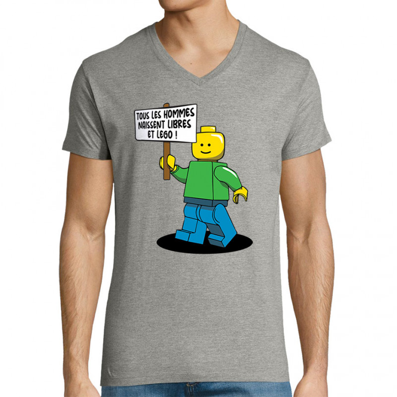 T-shirt homme col V gris chiné Libres et Légo (Humour,Slogans Débiles,Gondrax)