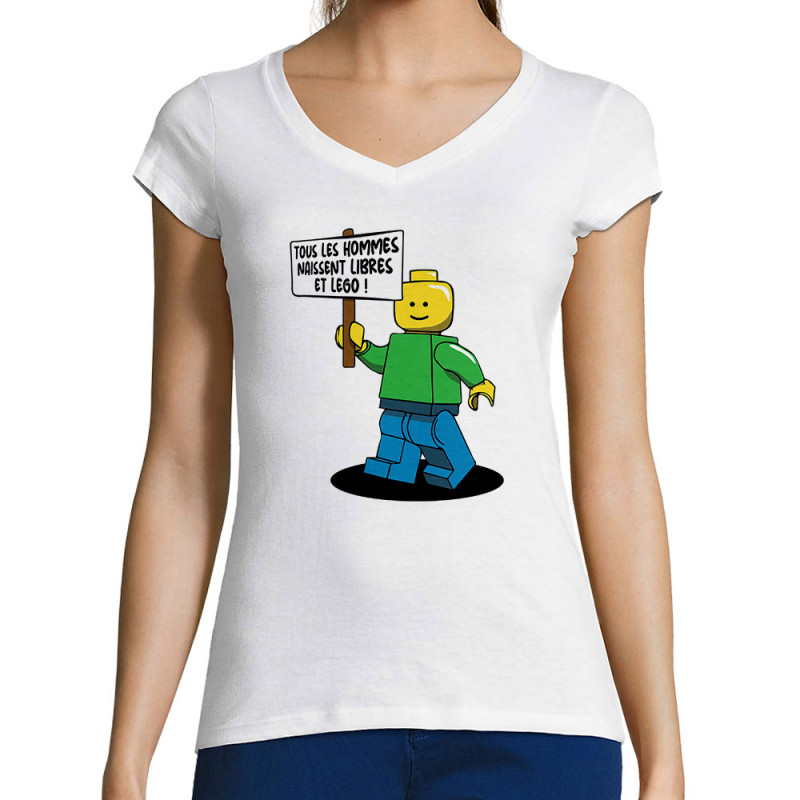 T-shirt femme col V blanc Libres et Légo (Humour,Slogans Débiles,Gondrax)