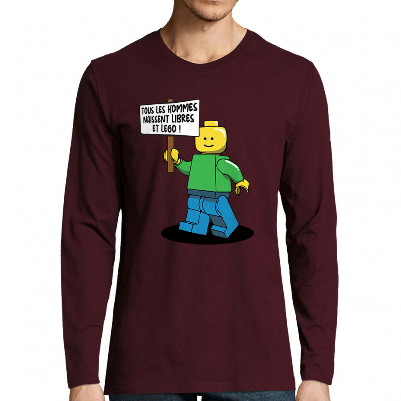 T-shirt homme manches longues bordeaux Libres et Légo (Humour,Slogans Débiles,Gondrax)