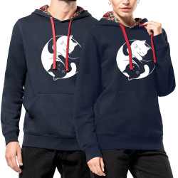 Sweat capuche à motifs unisexe bleu marine et rouge tartan Yin Yang Cat (Le Duc,Animaux,Chats)